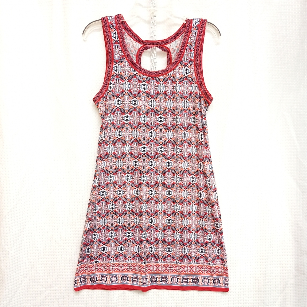 Sz Large MAX STUDIO Red Coral Navy Pattern Stretch Sleeveless Dress Exc Cond!